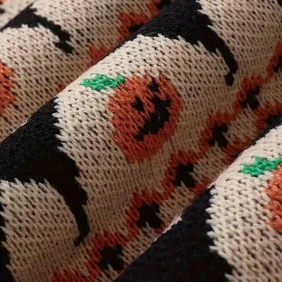 New Pumpkin Black Cat Halloween Sweater Orange Cream Long Sleeve Crew - Picture 10 of 15